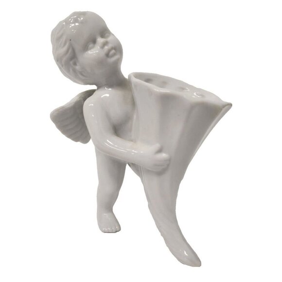 Vintage White Ceramic Angel Cherub Boy Holding Cornucopia Vase Figurine RARE - Picture 1 of 9